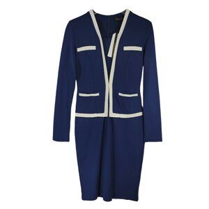 MUSHARE Dress Colorblock Blue White One Piece S Stretch Pencil Career Office NWT